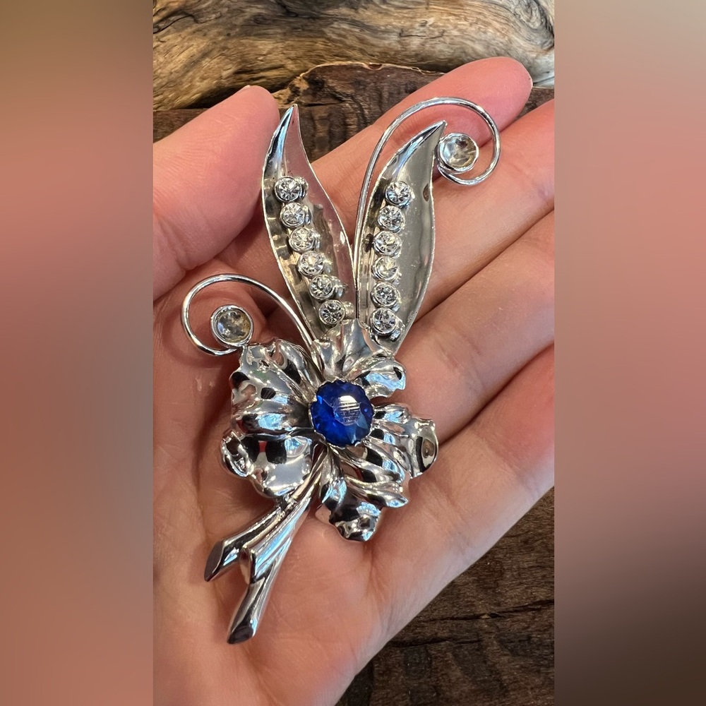 Bond Boyd Large Sterling Silver Brooch Royal Blue and Clear Austrian Crystals